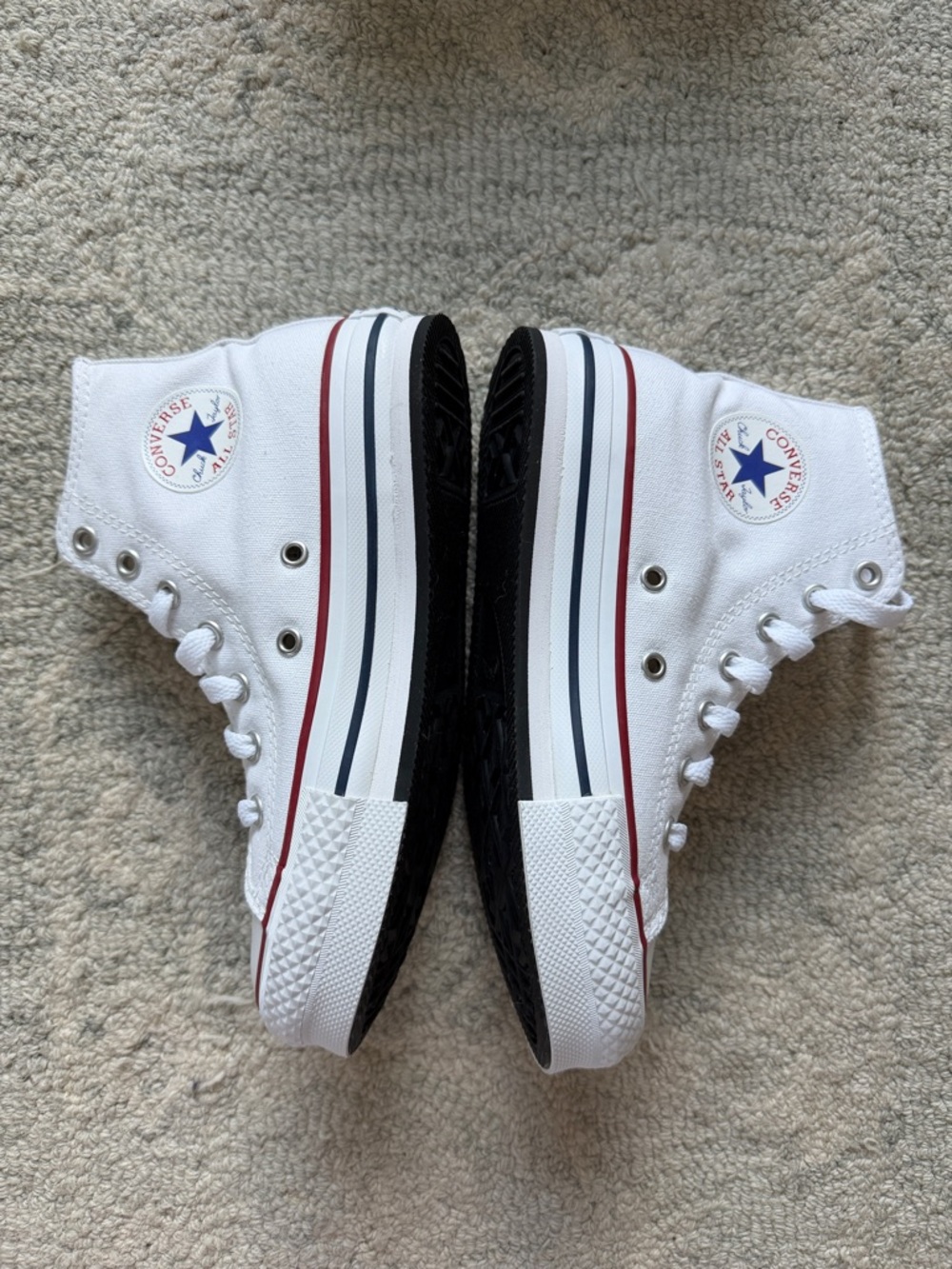 Converse White High Top Sneakers with Red & Navy Trim Kids Size 2 - Picture 2 of 6